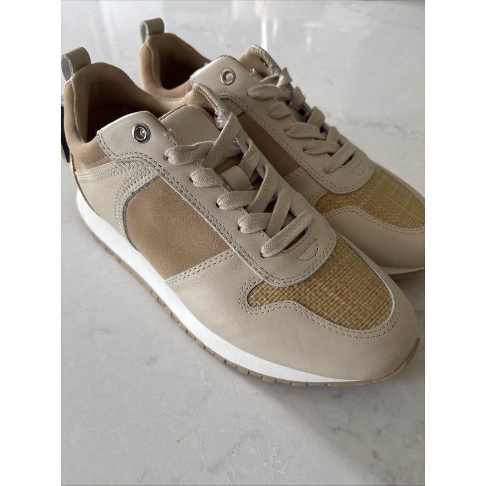 J.MCLAUGHLIN EMERSON LEATHER & SUEDE Raffia SNEAKER TAN Women's Size 8 Casual
